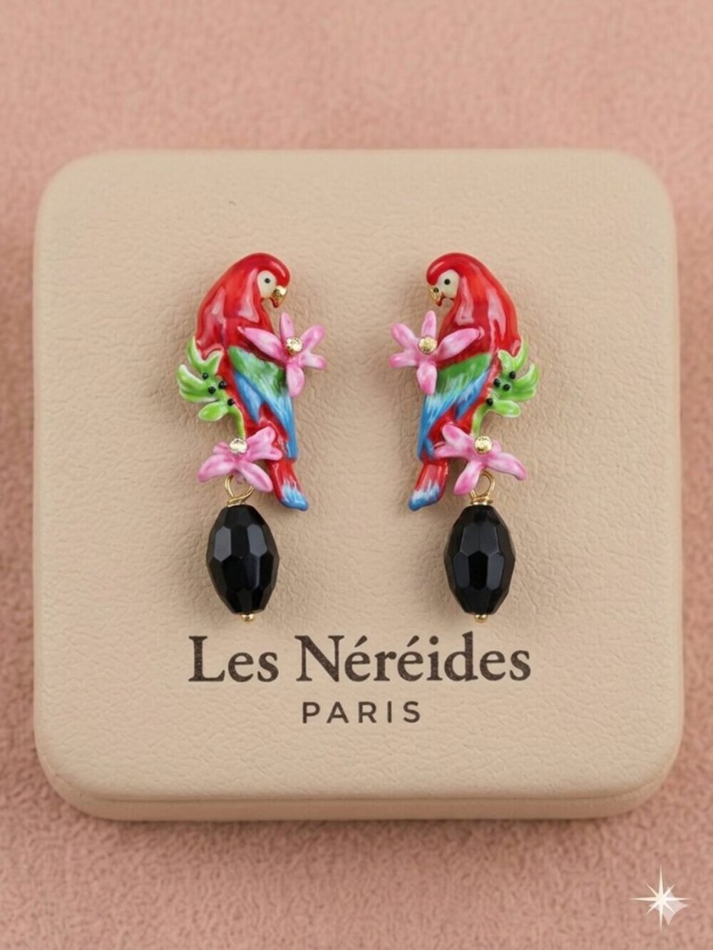 LES NEREIDES PARROT AND BAUHINIA FLOWER POST EARRINGS